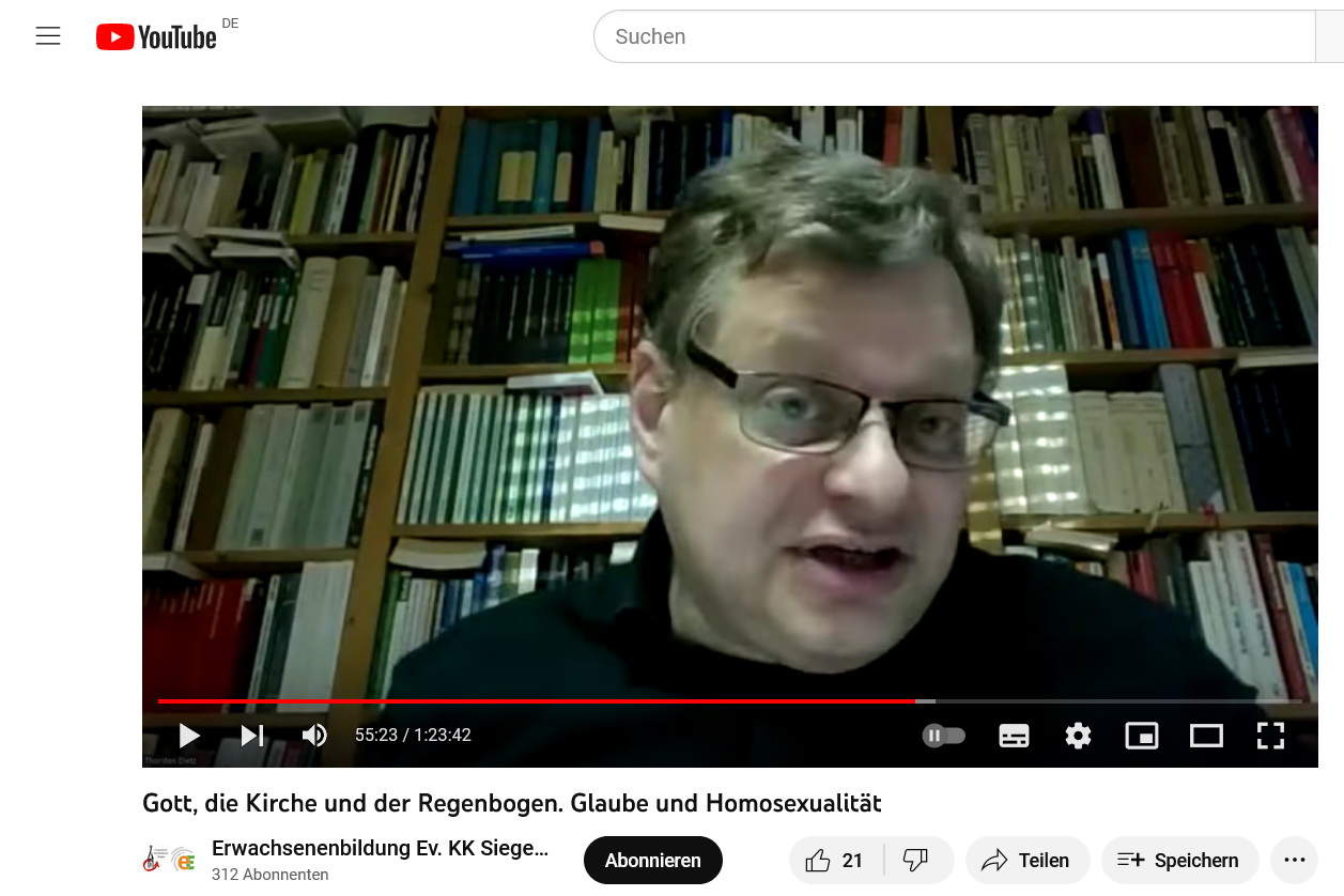 Prof. Dr. Thorsten Dietz war der Referent der Veranstaltung „Gott, die Kirche und der Regenbogen - Glaube und Homosexualität“, die auf dem YouTube-Kanal der Erwachsenenbildung im Kirchenkreis Siegen-Wittgenstein weiterhin abgerufen werden kann.