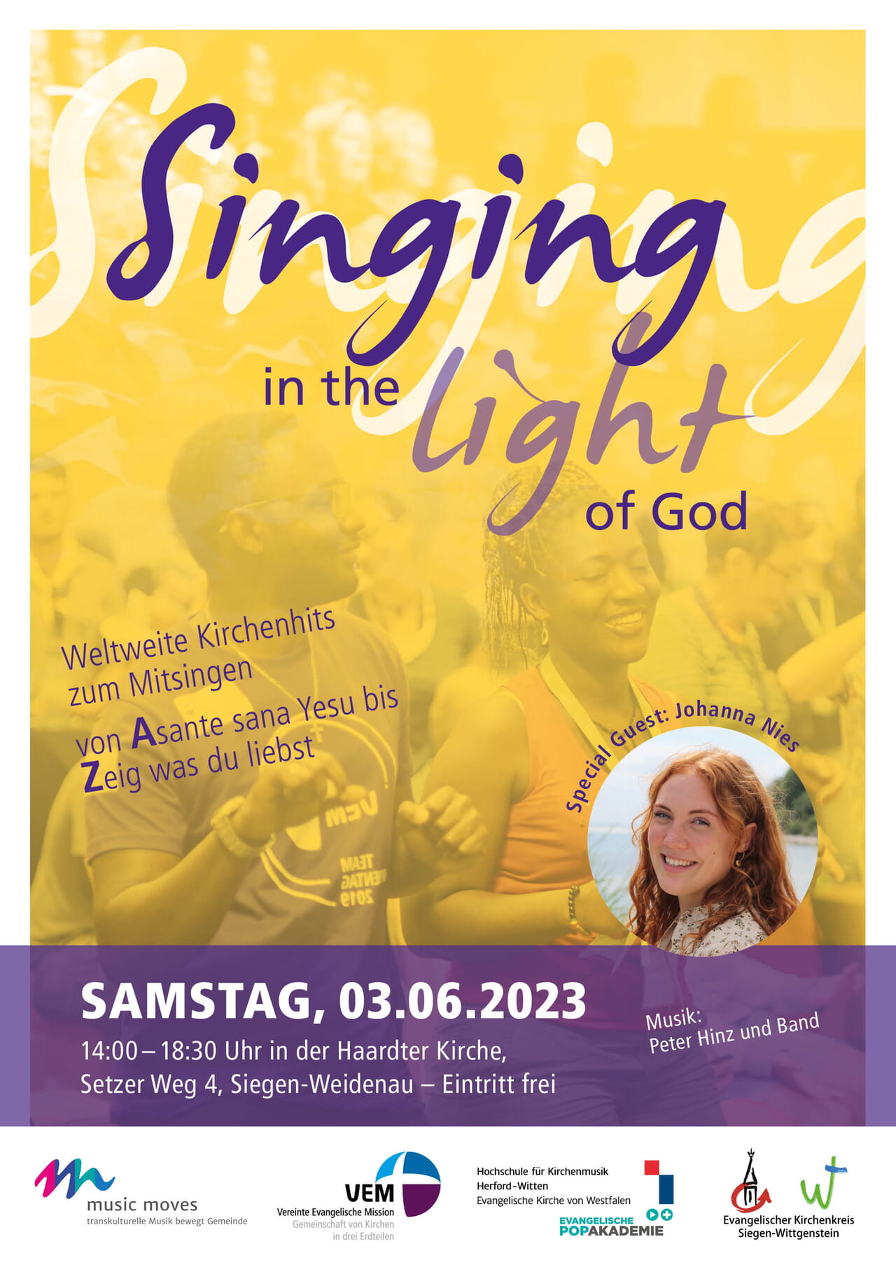 Plakat zur Veranstaltung "Singing in the light of god" am 3. Juni von 14 bis 18.30 Uhr in der Haardter Kirche in Weidenau